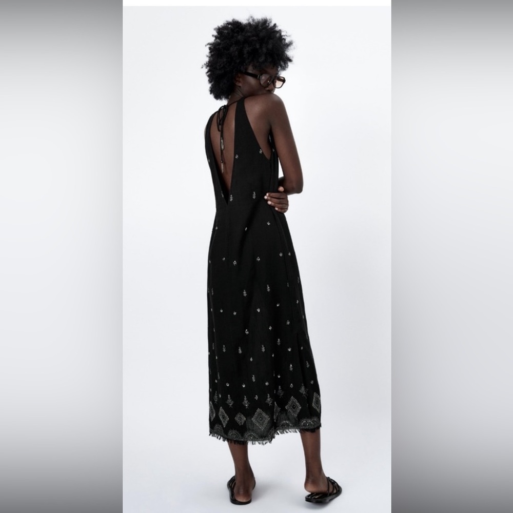 Zara Woman Embroidered Beaded LIMITED EDITION Black Midi Dress Size L